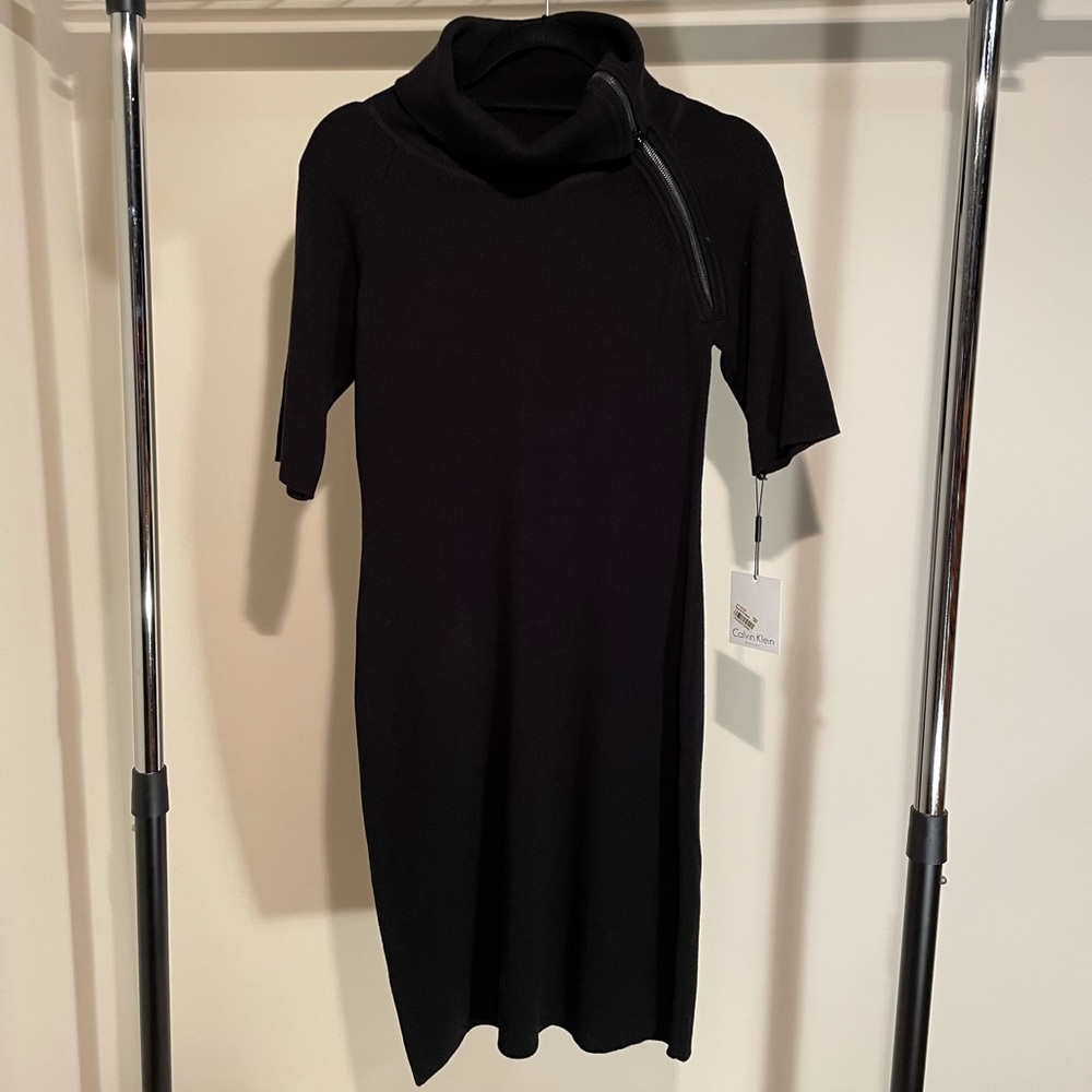 Calvin Klein Ribbed Knit Dress Zip Turtleneck